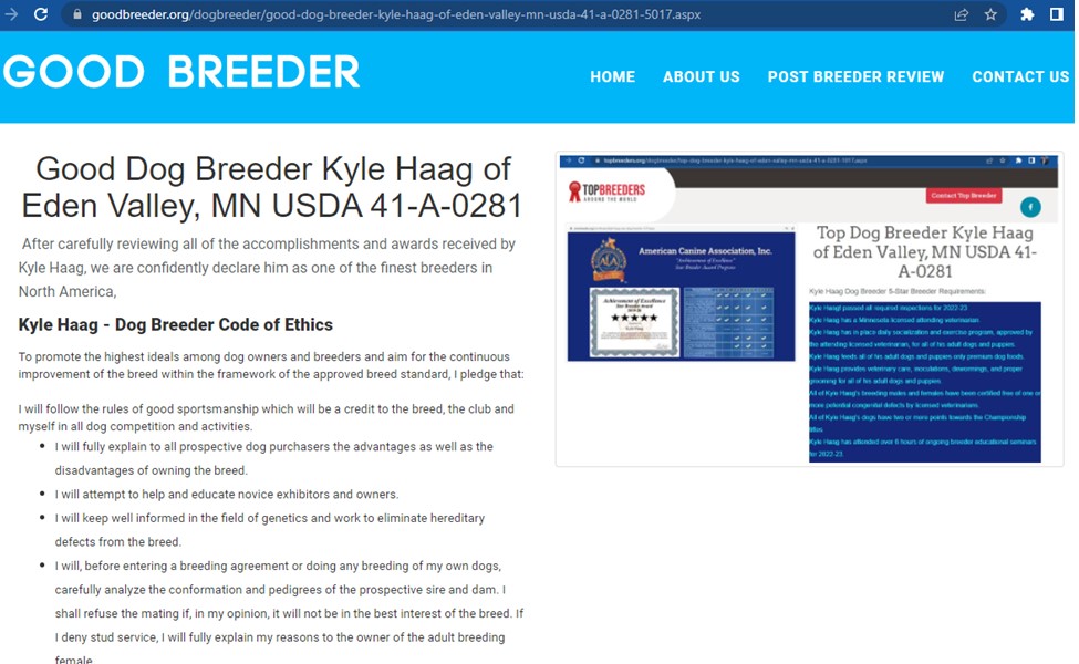 Kyle, Haag, dog, breeder, goodbreeder, kyle-haag, dog-breeder, eden, valley, mn, minnesota, star, certificate, yorkshire, daschund, puppy, mill, puppymill, usda, inspection, records, kennel